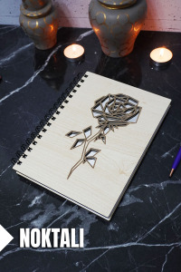 Gül Temalı Ahşap Kapaklı Defter - Noktalı Defter - Ajanda - Okul Defteri (A5 - 120 Sayfa)