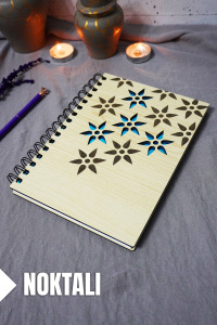 Çiçek Desenli Ahşap Kapaklı Defter - Noktalı Defter - Ajanda - Okul Defteri (A5 - 120 Sayfa)