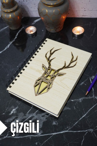 Geyik Figürlü Ahşap Kapaklı Defter - Çizgili Defter - Ajanda - Okul Defteri (A5 - 120 Sayfa)