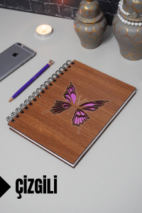 Kelebek Temalı Ahşap Kapaklı Defter - Çizgili Defter - Ajanda - Okul Defteri (A5 - 120 Sayfa)