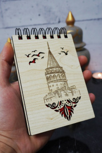 Galata Kulesi Temalı Ahşap Kapaklı Not Defteri - Mini Defter - Cep Defteri - Benim Listem