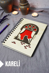 Kedi Desenli Ahşap Kapaklı Defter - Kareli Defter - Ajanda - Okul Defteri (A5 - 120 Sayfa)