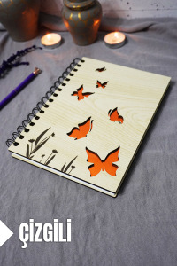 Kelebek Desenli Ahşap Kapaklı Defter - Çizgili Defter - Ajanda - Okul Defteri (A5 - 120 Sayfa)