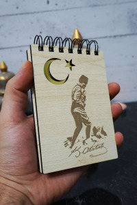 Kemal Atatürk Temalı Ahşap Kapaklı Not Defteri - Mini Defter - Cep Defteri - Benim Listem