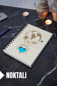Uçan Balon Temalı Ahşap Kapaklı Defter - Noktalı Defter - Ajanda - Okul Defteri (A5 - 120 Sayfa)