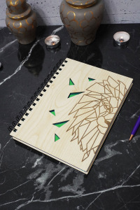 Aslan Figürlü Ahşap Kapaklı Defter - Çizgisiz Defter - Günlük - Ajanda- A5 Anı Defteri