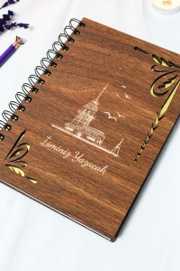 Kişiye Özel Kız Kulesi Desenli Ahşap Kapaklı Defter - Ajanda - İsme Özel - A5 60 Yaprak (120 SAYFA) Hediyelik