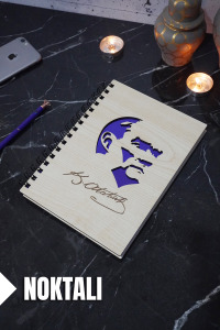Kemal Atatürk Temalı Ahşap Kapaklı Defter - Noktalı Defter - Ajanda - Okul Defteri (A5 - 120 Sayfa)