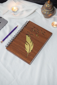 Kuşlu Tüy Desenli A5 Spiralli Ahşap Defter- Resim Defleri - Çizgisiz Defter-hediyelik Defter