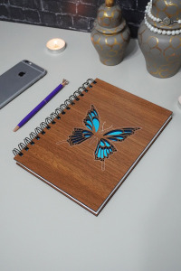 Kelebek Desenli Ahşap Defter - Ajanda - Günlük - Çizgisiz Defter- Resim Defteri-anı Defteri