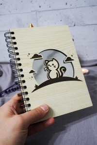 Kedi Desenli Ahşap Kapaklı Defter - Çizgisiz Defter - Günlük - Ajanda-hediyelik-a5 Anı Defteri