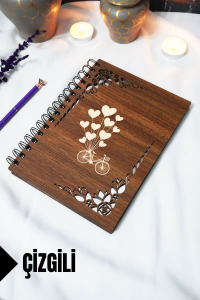 Bisiklet Balon Ahşap Kapaklı Defter - Çizgili Defter - 60 yaprak (120 sayfa) - A5 15x21 cm