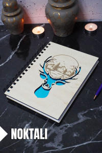 Geyik Temalı Ahşap Kapaklı Defter - Noktalı Defter - Ajanda - Okul Defteri (A5 - 120 Sayfa)