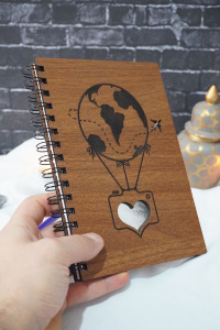 Balon Desenli Ahşap Kapaklı Defter - Ajanda - A5 Notebook Çizgisiz Defter-anı Defteri