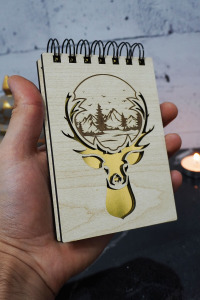 Geyik Orman Temalı Ahşap Kapaklı Not Defteri - Mini Defter - Cep Defteri - Benim Listem