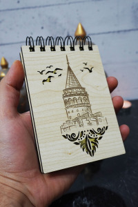 Galata Kulesi Temalı Ahşap Kapaklı Not Defteri - Mini Defter - Cep Defteri - Benim Listem