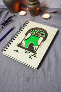 Kedi Desenli Ahşap Kapaklı Defter - Çizgisiz Defter - Günlük - Ajanda-hediyelik-a5 Anı Defteri