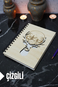 Geyik Figürlü Ahşap Kapaklı Defter - Çizgili Defter - Ajanda - Okul Defteri (A5 - 120 Sayfa)