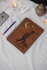 Mustafa Kemal Atatürk Ahşap Kapaklı Okul Defteri- Günlük - Çizgisiz Defter-a5 Notebook-okul Defteri