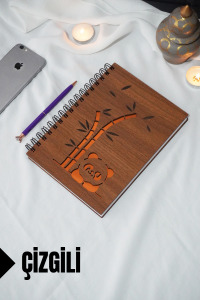 Panda Temalı Ahşap Kapaklı Defter - Çizgili Defter - Ajanda - Okul Defteri (A5 - 120 Sayfa)