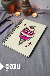 Dondurma Desenli Ahşap Kapaklı Defter - Çizgili Defter - Ajanda - Okul Defteri (A5 - 120 Sayfa)