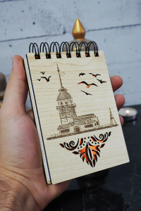 Kız Kulesi Temalı Ahşap Kapaklı Not Defteri - Mini Defter - Cep Defteri - Benim Listem