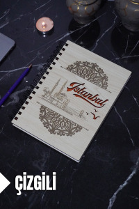 İstanbul Temalı Ahşap Kapaklı Defter - Çizgili Defter - Ajanda - Okul Defteri (A5 - 120 Sayfa)