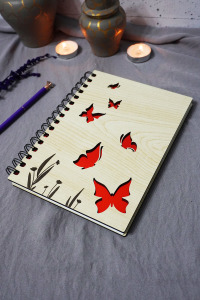 Kelebek Desenli Ahşap Kapaklı Defter - Çizgisiz Defter - Günlük - Ajanda-hediyelik-a5 Anı Defteri