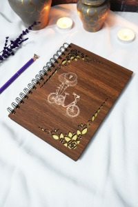 Bisiklet Ahşap Kapaklı Spiralli Defter - Çizgisiz Defter - 60 Yaprak (120 SAYFA) - A5 15x21 Cm