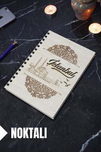 İstanbul Temalı Ahşap Kapaklı Defter - Noktalı Defter - Ajanda - Okul Defteri (A5 - 120 Sayfa)