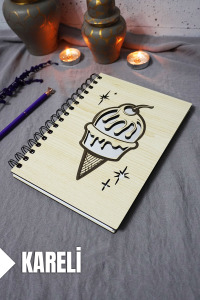 Dondurma Desenli Ahşap Kapaklı Defter - Kareli Defter - Ajanda - Okul Defteri (A5 - 120 Sayfa)