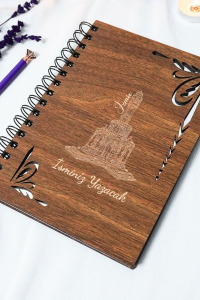 Kişiye Özel İzmir Desenli Ahşap Kapaklı Defter - Ajanda - İsme Özel - A5 60 Yaprak (120 SAYFA) Hediyelik