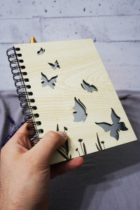Kelebek Desenli Ahşap Kapaklı Defter - Çizgisiz Defter - Günlük - Ajanda-hediyelik-a5 Anı Defteri