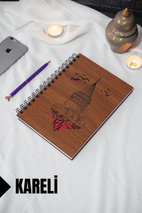 Galata Kulesi Temalı Ahşap Kapaklı Defter - Kareli Defter - Ajanda - Okul Defteri (A5 - 120 Sayfa)