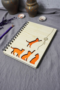 Kedi Desenli Ahşap Kapaklı Defter - Çizgisiz Defter - Günlük - Ajanda-hediyelik-a5 Anı Defteri