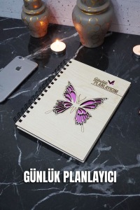 Kelebek Ahşap Plan Defteri - Ajanda - Günlük Planlayıcı (AHŞAP RENGİ BANU) A5 Notebook