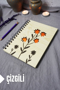 Çiçek Desenli Ahşap Kapaklı Defter - Çizgili Defter - Ajanda - Okul Defteri (A5 - 120 Sayfa)