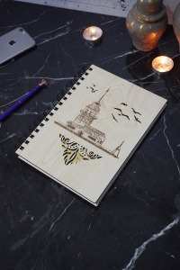 Kız Kulesi Desenli Ahşap Defter Günlük - Çizgisiz Defter - A5 Spiralli Okul Defteri