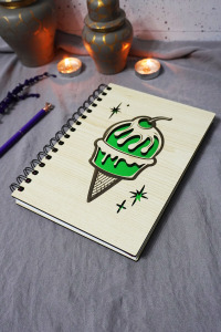 Dondurma Desenli Ahşap Kapaklı Defter - Çizgisiz Defter - Günlük - Ajanda-hediyelik-a5 Anı Defteri