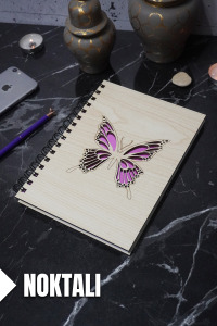 Kelebek Temalı Ahşap Kapaklı Defter - Noktalı Defter - Ajanda - Okul Defteri (A5 - 120 Sayfa)