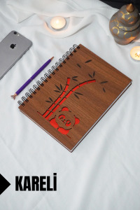 Panda Temalı Ahşap Kapaklı Defter - Kareli Defter - Ajanda - Okul Defteri (A5 - 120 Sayfa)