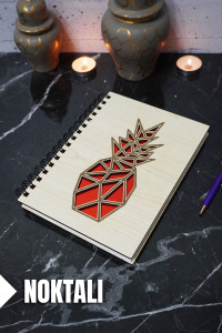 Ananas Temalı Ahşap Kapaklı Defter - Noktalı Defter - Ajanda - Okul Defteri (A5 - 120 Sayfa)