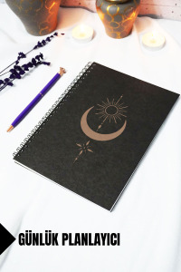 A5 Ay Güneş Temalı Siyah Kraft Kapaklı Defter - Çizgili Defter - 60 yaprak (120 sayfa) 15x21 cm
