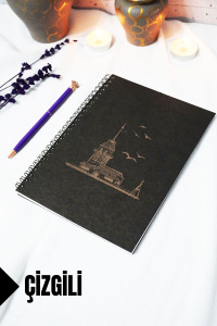 A5 Kız Kulesi Temalı Siyah Kraft Kapaklı Defter - Çizgili Defter - 60 yaprak (120 sayfa) 15x21 cm