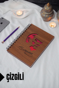 Kemal Atatürk Temalı Ahşap Kapaklı Defter - Çizgili Defter - Ajanda - Okul Defteri (A5 - 120 Sayfa)