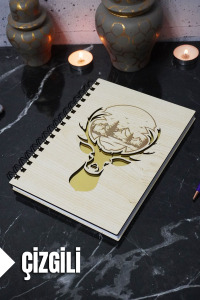Geyik Figürlü Ahşap Kapaklı Defter - Çizgili Defter - Ajanda - Okul Defteri (A5 - 120 Sayfa)