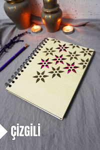 Çiçek Desenli Ahşap Kapaklı Defter - Çizgili Defter - Ajanda - Okul Defteri (A5 - 120 Sayfa)