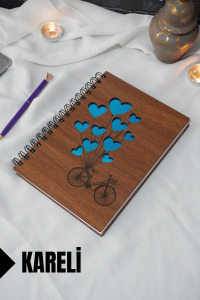 Bisiklet Balon Temalı Ahşap Kapaklı Defter - Kareli Defter - Ajanda - Okul Defteri (A5 - 120 Sayfa)