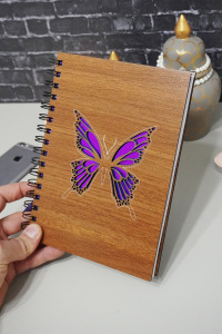 Kelebek Desenli Ahşap Defter - Ajanda - Günlük - Çizgisiz Defter - Resim Defteri - Anı Defteri