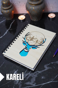 Geyik Temalı Ahşap Kapaklı Defter - Kareli Defter - Ajanda - Okul Defteri (A5 - 120 Sayfa)